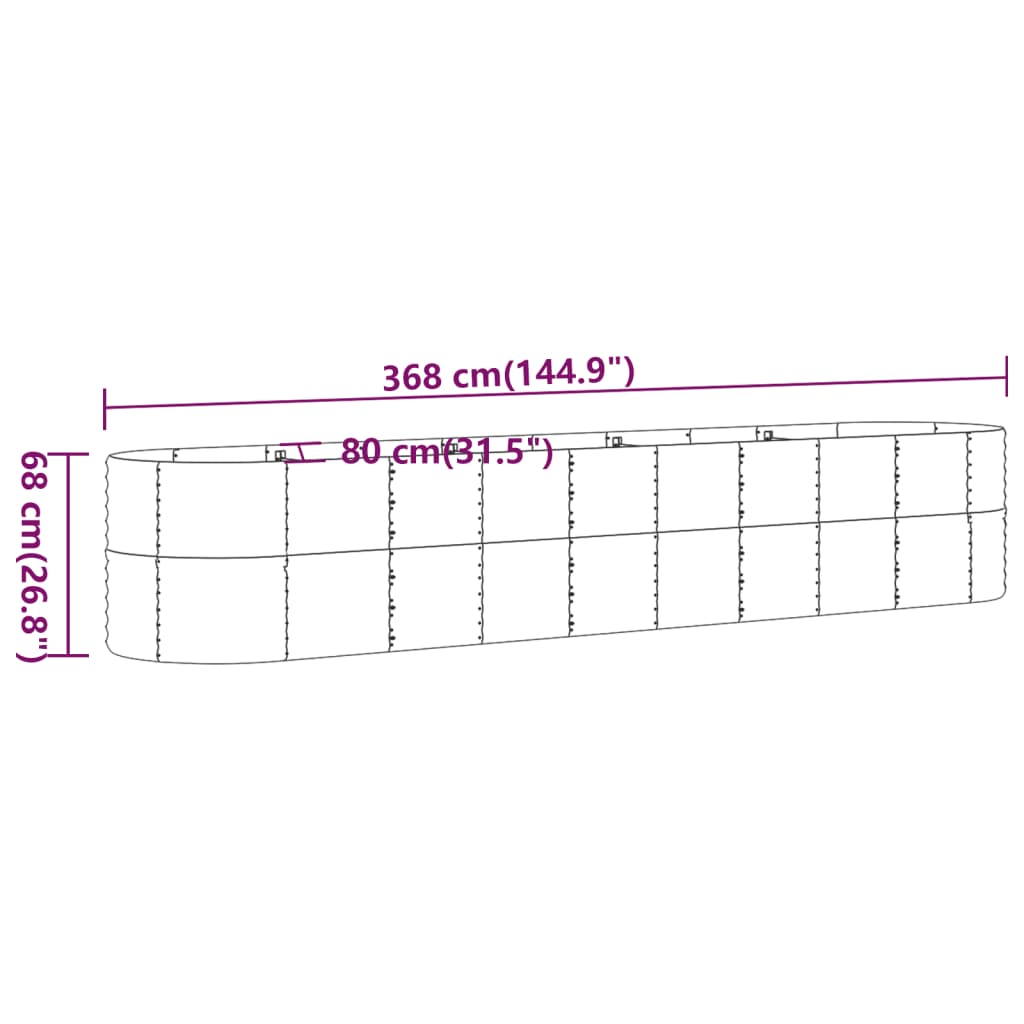 Høybed pulverlakkert stål 368x80x68 cm grå