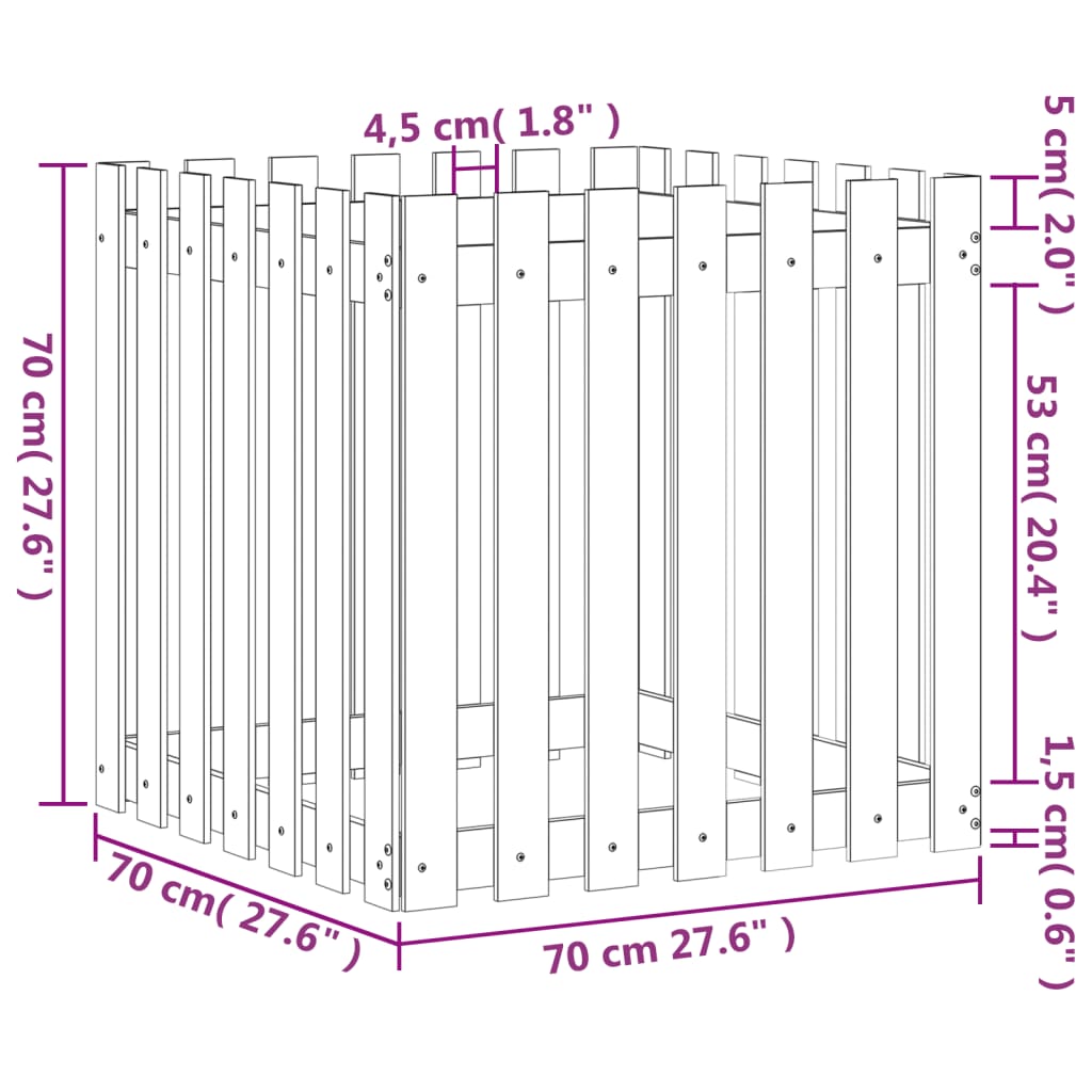 Plantekasse med gjerdedesign 70x70x70 cm heltre furu