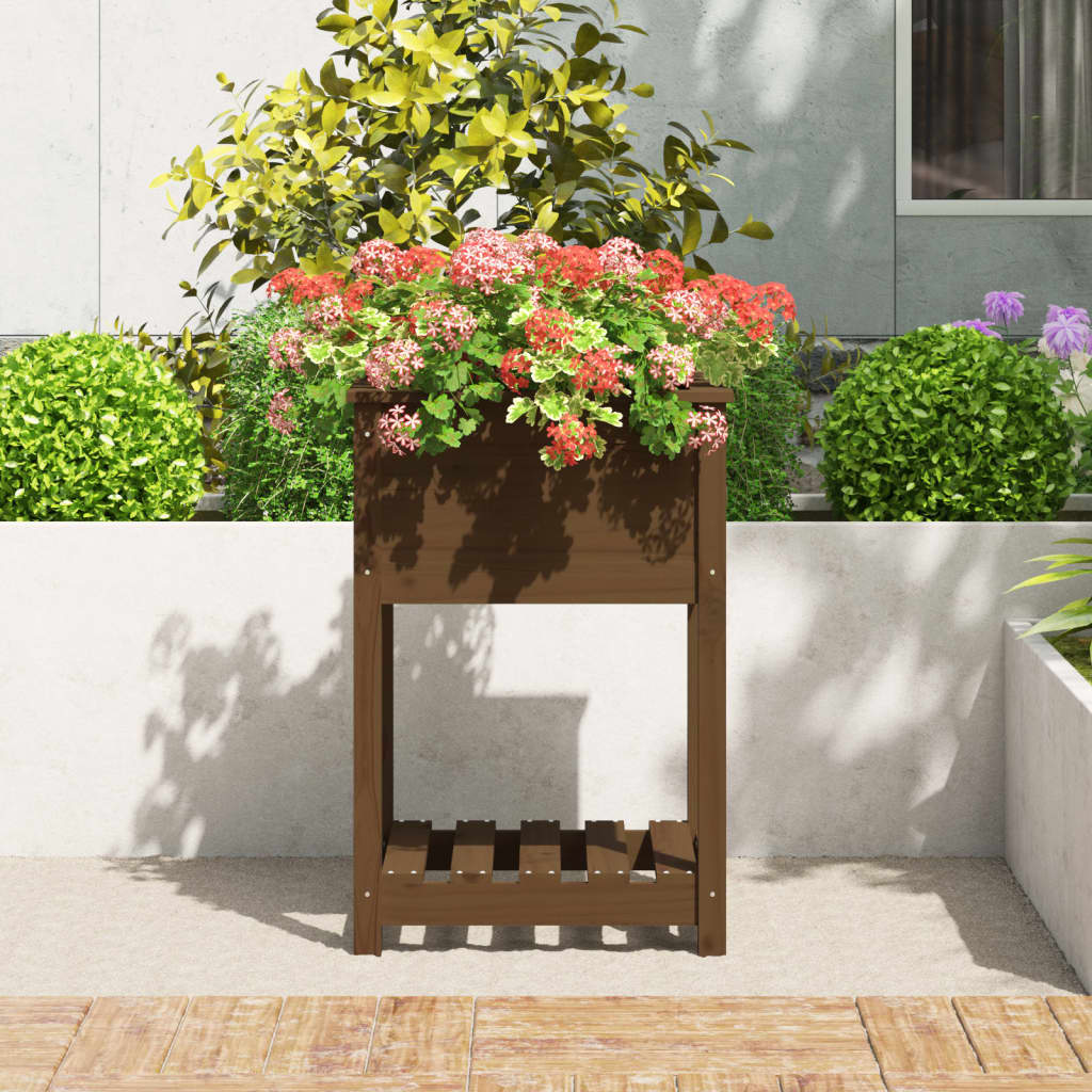 Plantekasse med hylle honningbrun 54x54x81 cm heltre furu
