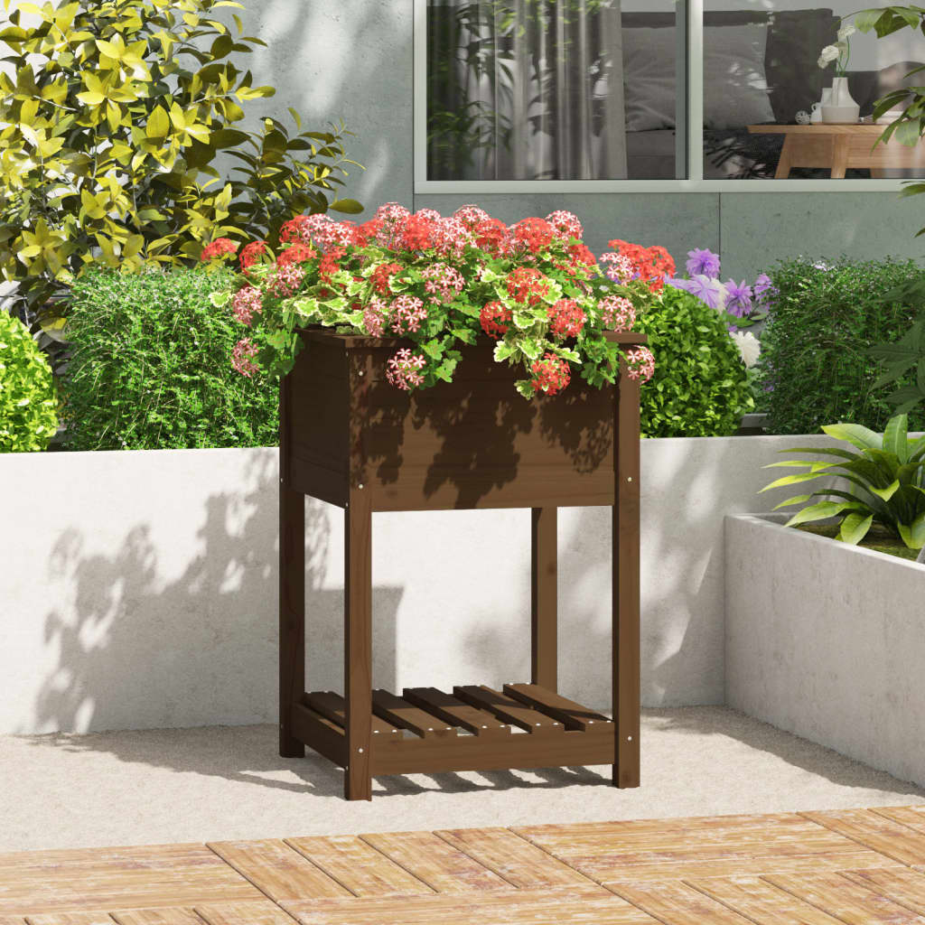 Plantekasse med hylle honningbrun 54x54x81 cm heltre furu