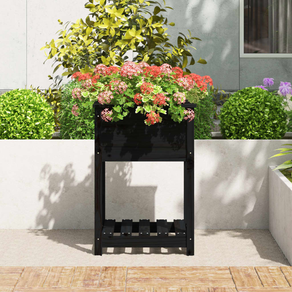 Plantekasse med hylle svart 54x54x81 cm heltre furu
