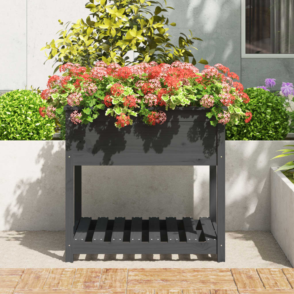 Plantekasse med hylle grå 82,5x82,5x81 cm heltre furu