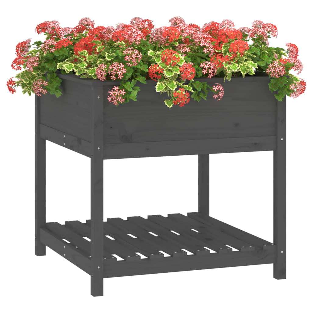 Plantekasse med hylle grå 82,5x82,5x81 cm heltre furu