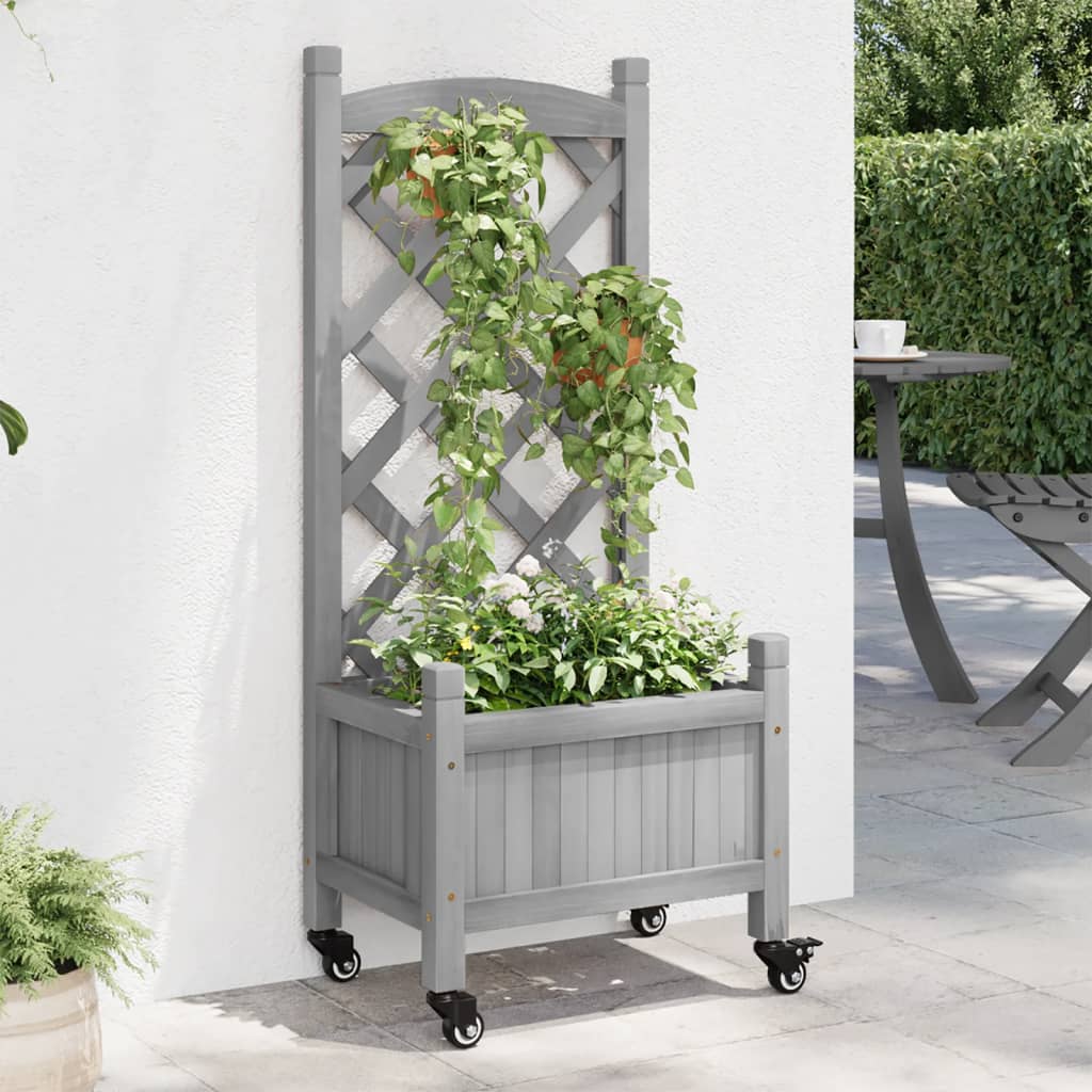 Plantekasse med espalier og hjul grå heltre gran