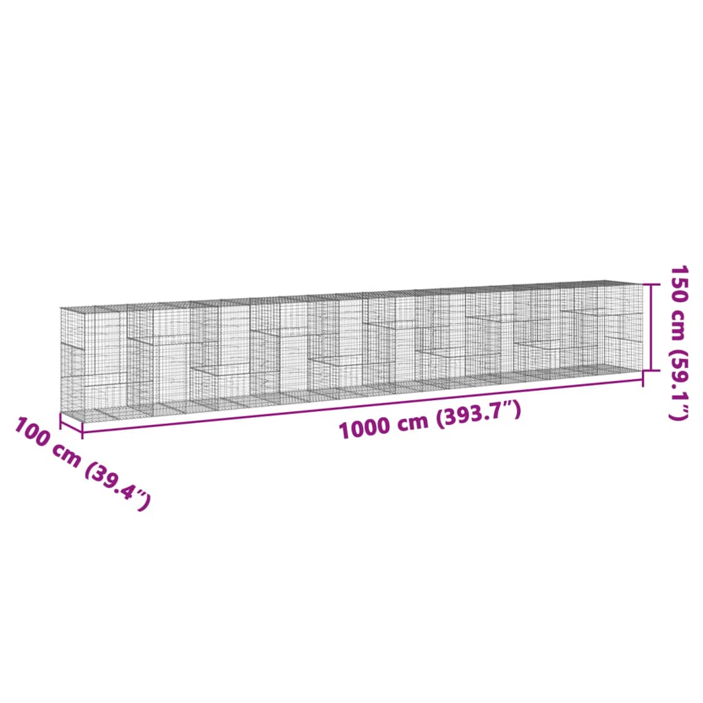 Gabionkurv med deksel 1000x100x150 cm galvanisert jern