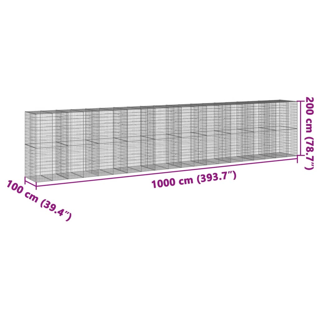 Gabionkurv med deksel 1000x100x200 cm galvanisert jern