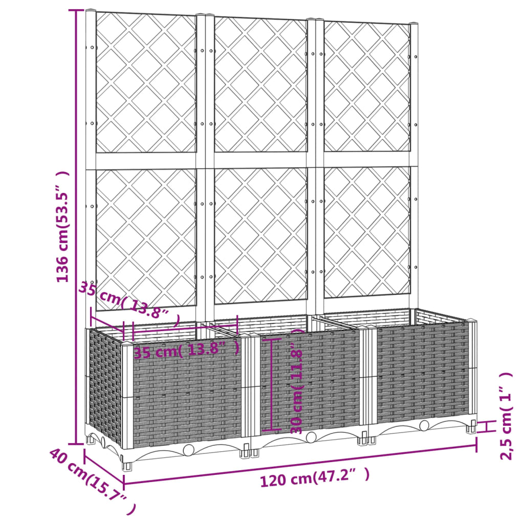 Plantekasse med espalier blågrå 120x40x136 cm PP