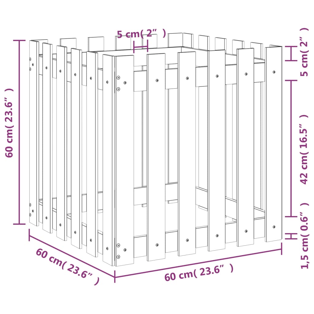 Plantekasse med gjerdedesign 60x60x60 cm heltre furu