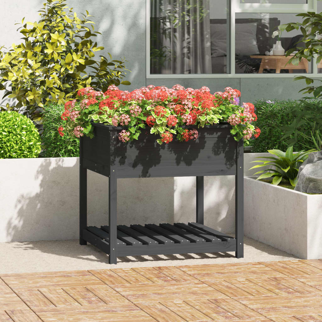 Plantekasse med hylle grå 82,5x82,5x81 cm heltre furu