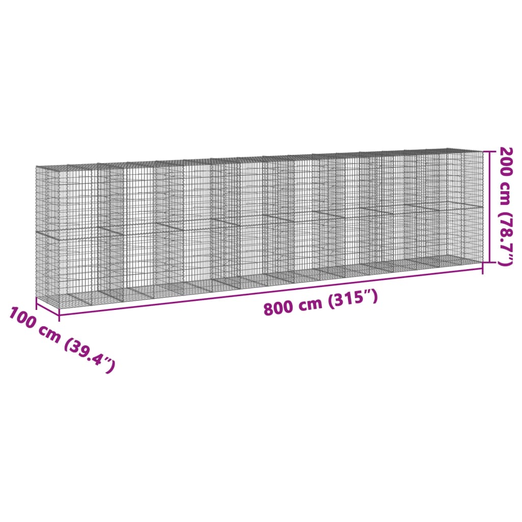 Gabionkurv med deksel 800x100x200 cm galvanisert jern
